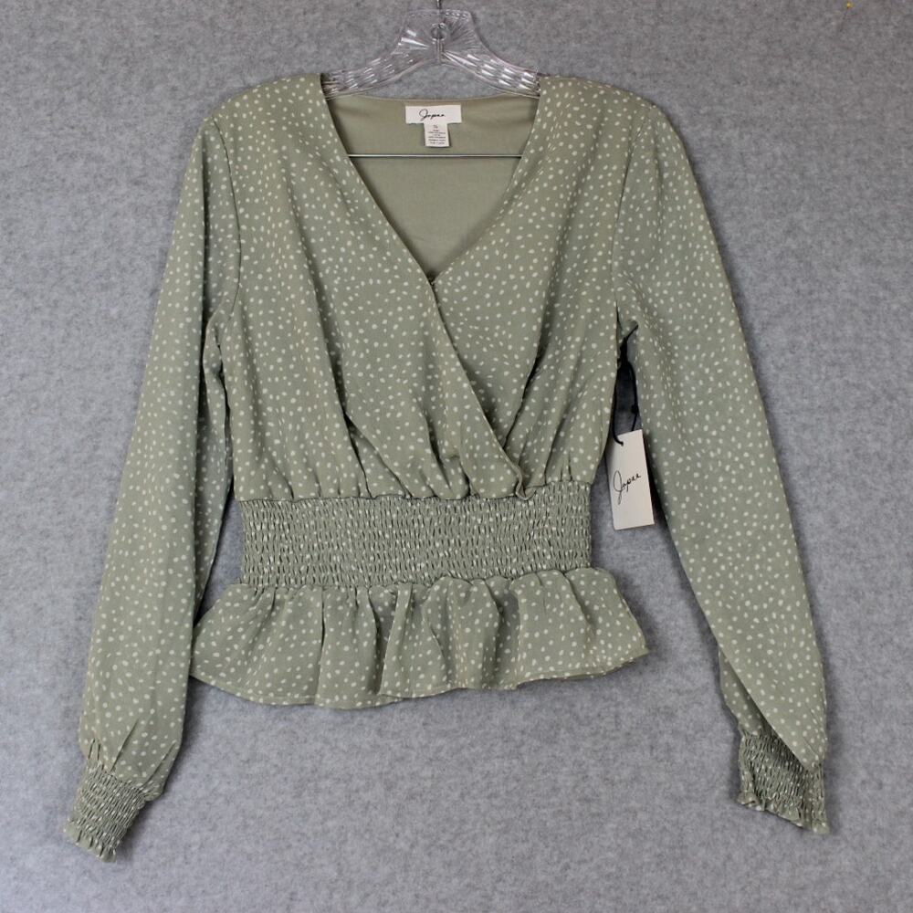 Japna Green‎ White Polka Dot V-Neck Crossover Front Blouse LS Size Small